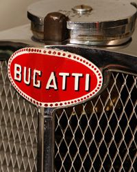 The badge on an extremely rare 1937 Bugatti Type 57S Atalante is seen at Phoenix Green garage in Hartley Wintney, in Hampshire, England.