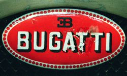 The sign of the traditional Italian company Bugatti is seen on an old timer in the museum in Munich, Germany.