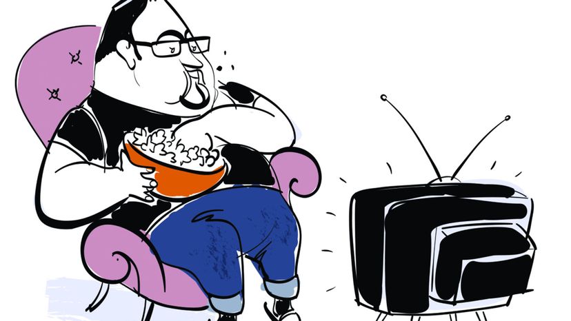 illustration fat guy in front of TV