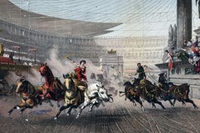 Circa 50 BC, A chariot race at the Circus Maximus, Rome.