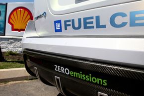 GM's hydrogen-powered Chevrolet Equinox is viewed at a newly-opened Shell Hydrogen fuel station at John F. Kennedy International Airport, on July 14, 2009, in New York.