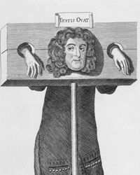 Titus Oates is depicted standing in the pillory after being convicted of purjury.