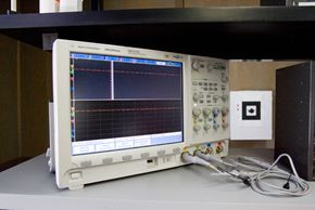 The "Prototype This!" team's oscilloscope isn't currently in use, but if it was, you'd be able to see a wave fluctuating across its screen.”border=