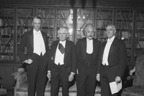 Einstein and three of his fellow Nobel Prize cronies including (left to right) Sinclair Lewis, Frank Kellogg, Einstein and Irving Langmuir. The four, along with others, had gathered for a formal celebration on the 100th anniversary of Alfred Nobel's birth in 1933.