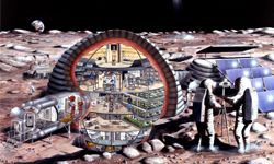 artist's rendering of a lunar colony and inflatable habitat