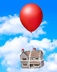 flying house attached to red balloon