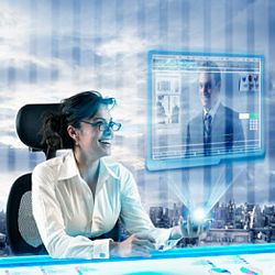 woman in futuristic office on a video call