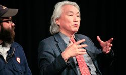 Musician Mark Everett (left) and physicist Michio Kaku (right) speak at the panel discussion &quot;Parallel Worlds, Parallel Lives&quot; at the World Science Festival.