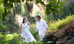 couple walking through dense garden