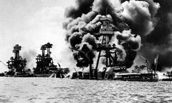 Three U.S. battleships are hit from the air during the Japanese attack on Pearl Harbor on Dec. 7, 1941.