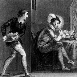 This engraving depicts the tale of Sir Walter Raleigh's servant dousing him with water, thinking Raleigh is on fire as he smokes a pipe.