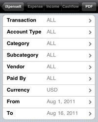 The iXpenseIt app allows you to track expenses by date, transaction type, amount and more.