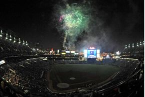 The huge HDTV at Turner Field is a fireworks show all by itself. This photo was taken after a game against the Washington Nationals on April 11, 2009.