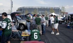 These New York Jets fans enjoyed a tailgate party in the parking lot of the New Meadowlands Stadium on Sept. 13, 2010. Getting to know your neighboring tailgaters is all part of the fun.