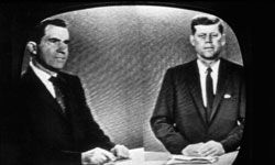 Presidential candidates Richard Nixon and John F. Kennedy take part in the first televised presidential debate in 1960.