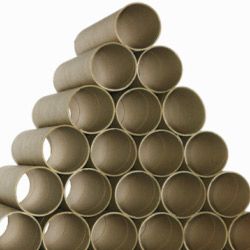 A pyramid composed of cardboard tubes stacked on each other.&nbsp;
