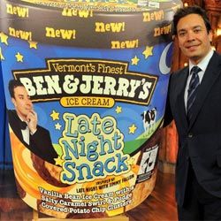 The ice cream company Ben and Jerry's is known for developing unique flavors with creative names. One of their latest flavors -- vanilla ice cream, salted caramel and chocolate-covered potato chip nuggets -- is inspired by the talk show Late Night with Jimmy Fallon.