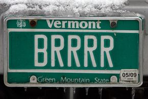 A Vermont license plate makes a statement about the weather in Stowe, Vt.