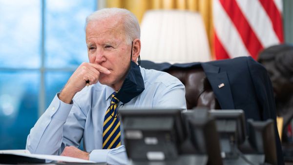 President Joe Biden participates in a conference phone call 