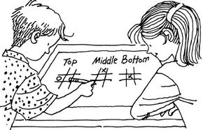 Illustration of two kids playing 3-D tic-tac-toe