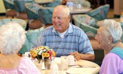 Elderly people dining in assisted living facility