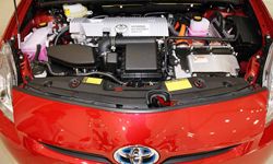 The engine of Toyota's third-generation Prius is displayed during a press conference in Tokyo, Japan.