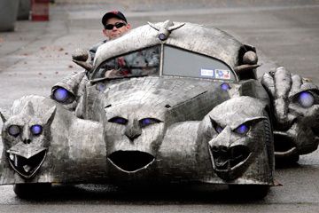 Artist William Burge sits in his art-car "Phantoms" at a presentation prior the Essen-Motor-Show 2007 in the city of Essen, Germany, on Nov. 26, 2007.