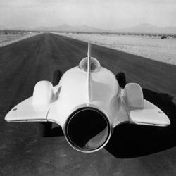 A rear view of the 1954 General Motors experimental gas turbine-powered vehicle, the XP-21 Firebird.