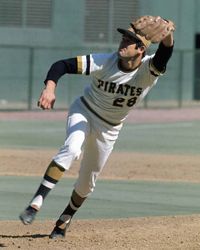 Steve Blass of the Pittsburgh Pirates pitching to the Baltimore Orioles during the 1971 World Series on Oct. 12, 1971, in Pittsburgh, Pa.