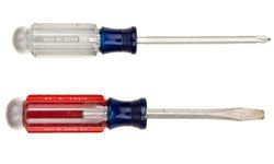 Screwdrivers are essential tools. The two most common types are the Philips (top) and flathead screwdriver.