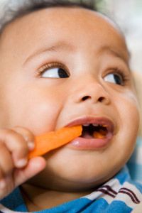 乳牙到达在这个发展阶段和宝宝现在可以养活自己。”width=