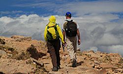 A couple hikes along the Flattop Mountain Trail in Rocky Mountain National Park, west of Estes Park, Colo.