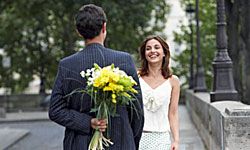 dating couple with bouquet of flowers