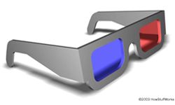 Two images were displayed on 3-D movie screen, one red and one blue. Glasses like these only allowed one color image to reach each eye, and the brain would separate the layers.