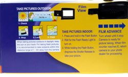The back of a disposable camera with instructions for taking photographs using the throwaway technology.