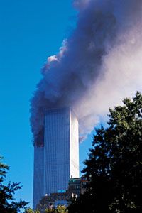 World Trade Center tower burning after attack