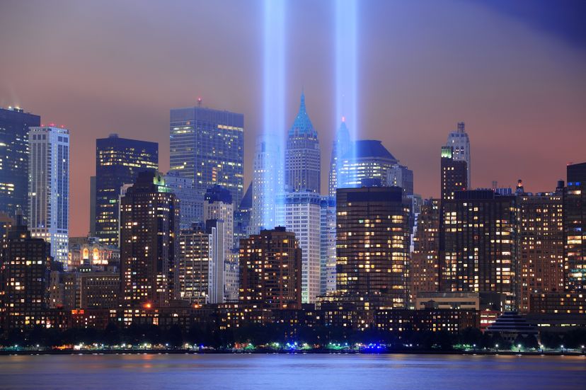 An annual light show comemmorates the fallen Twin Towers in Manhattan.